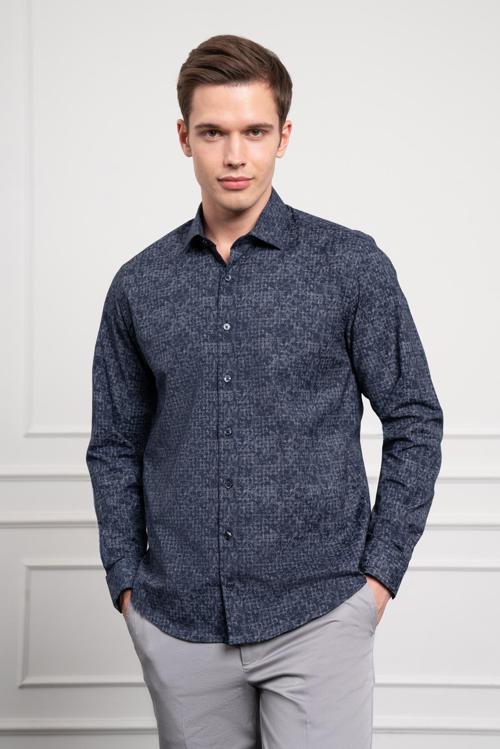 Erkek KOYU LACİVERT Trend Dynamic Fit İtalyan Yaka Gömlek