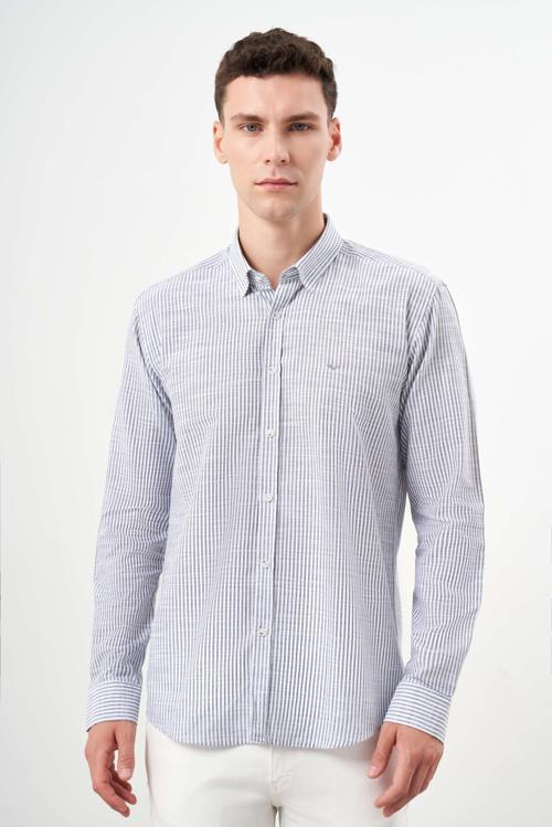  Erkek Gri Pamuk Çizgili-Panolu İtalyan Yaka Slim Fit Gömlek