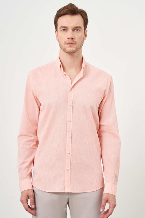  Erkek Turuncu Keten Düz Desen Düğmeli Yaka Slim Fit Gömlek