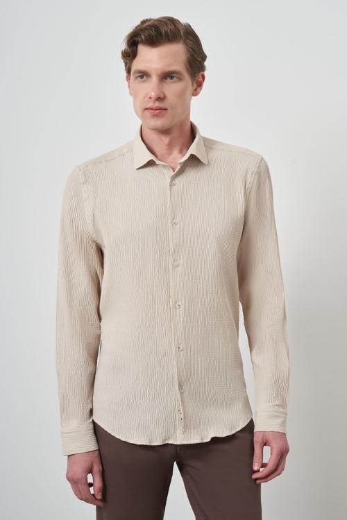  Erkek Bej Gofre Trend Desenli Dynamic Fit İtalyan Yaka Gömlek