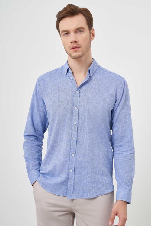  Erkek Lacivert Keten Düz Desen Düğmeli Yaka Slim Fit Gömlek