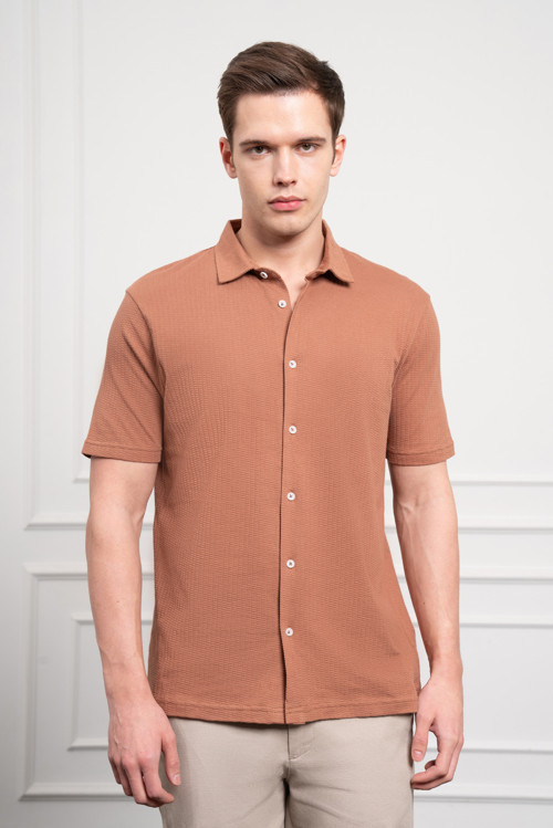 Erkek Kiremit Trend Apaçi Yaka Dynamic Fit Kısa Kollu Gömlek