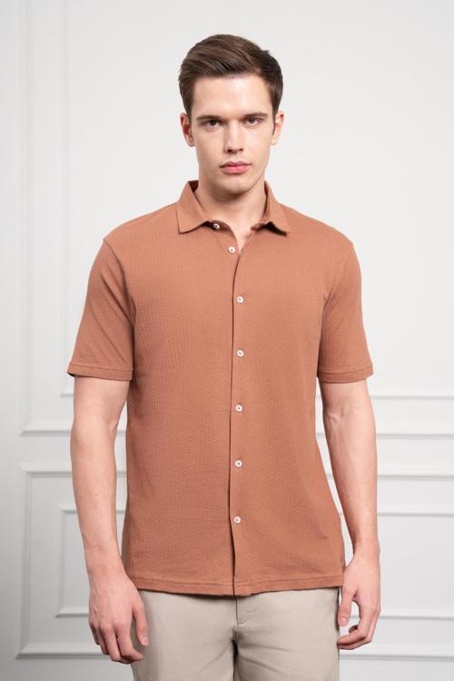  Erkek Kiremit Trend Apaçi Yaka Dynamic Fit Kısa Kollu Gömlek
