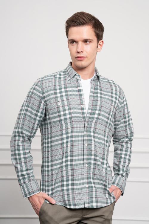  Erkek Yeşil Kışlık Düğmeli Yaka Regular Fit Gömlek