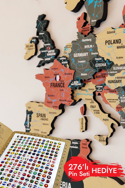 Renkli Tasarım 3D Ahşap Dünya Haritası - Ahşap Dünya Haritası