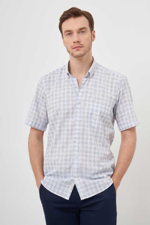  Erkek Lacivert Keten Kısa Kollu Gömlek