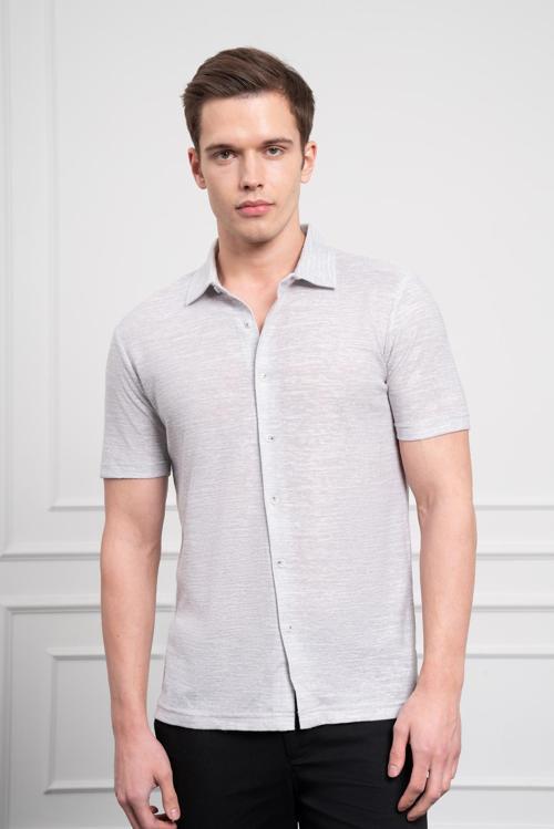  Erkek Gri Trend Apaçi Yaka Dynamic Fit Kısa Kollu Gömlek
