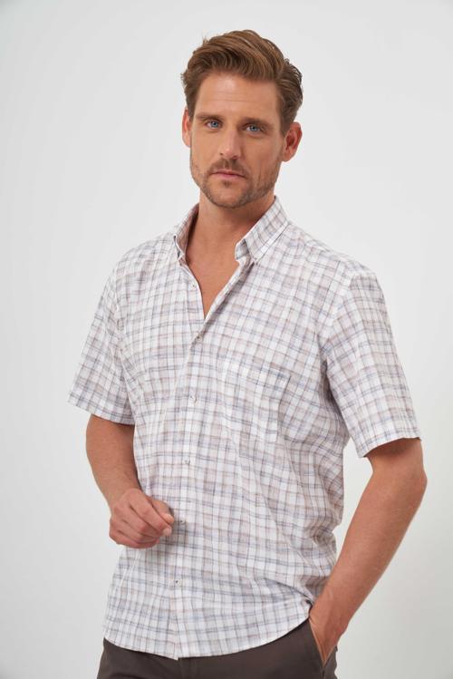  Erkek KAHVE Keten Kısa Kollu Gömlek