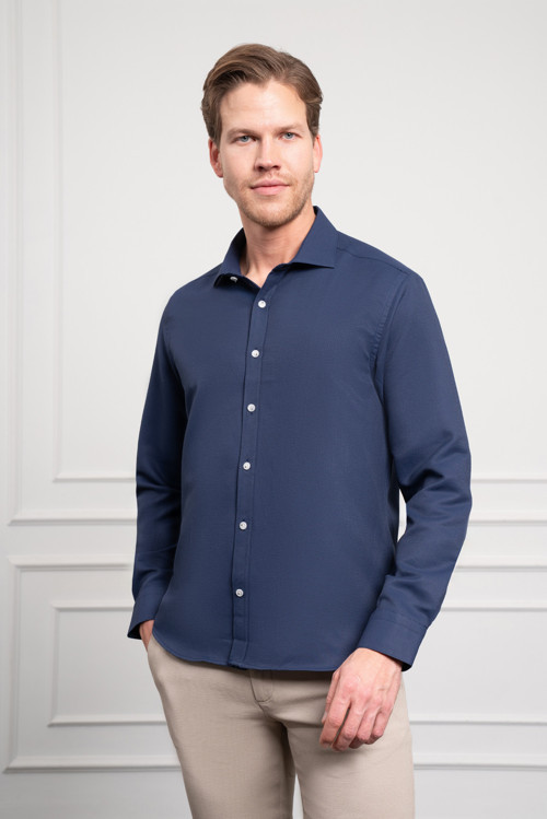 Erkek Lacivert Trend İtalyan Yaka Slim Fit Dar Kesim Gömlek