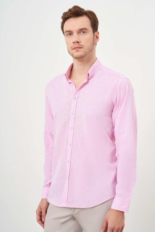  Erkek Pembe Keten Düz Desen Düğmeli Yaka Slim Fit Gömlek