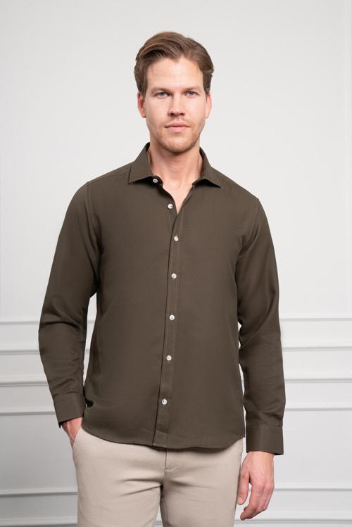  Erkek Haki Trend İtalyan Yaka  Slim Fit Dar Kesim Gömlek