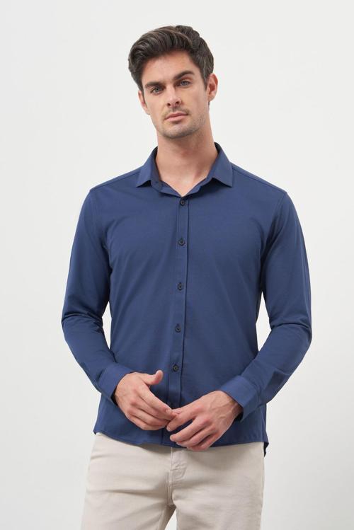  Erkek Lacivert Trend Slim Fit İtalyan Yaka Gömlek