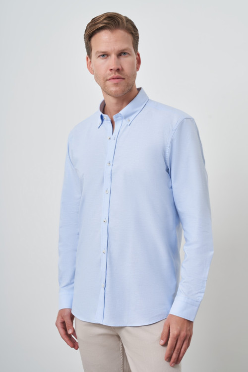 Erkek A. MAVİ Slim Fit Düğmeli Yaka Gömlek
