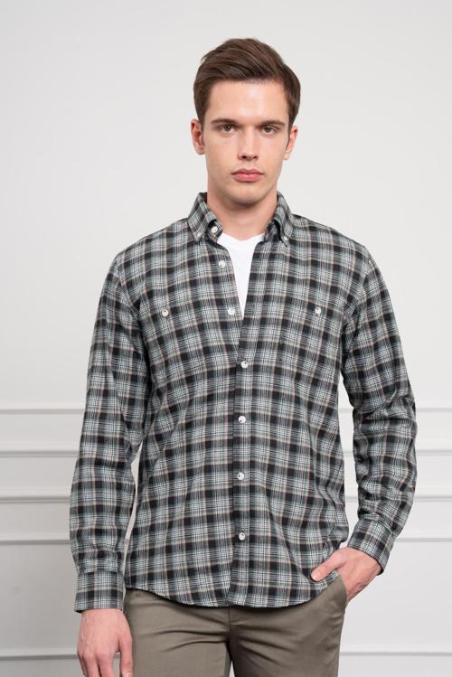 Erkek Haki Kışlık Düğmeli Yaka Regular Fit Gömlek