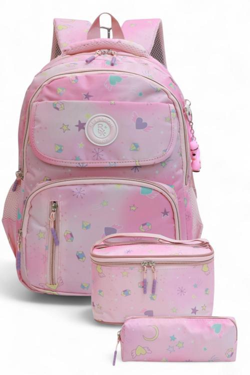 1390 Anatomik Sırt Yapılı Kız Çocuk Üçlü Set İlkokul Sırt Çantası - NKT02140-PEMBE-TEKEBAT