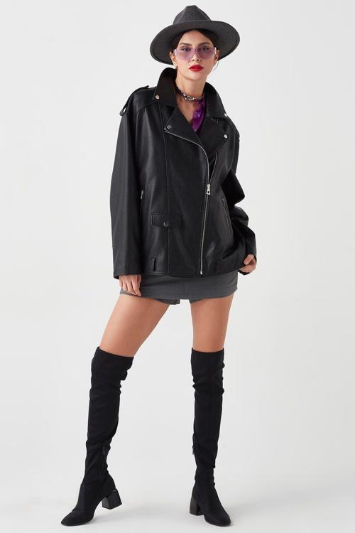 Orabella Hakiki Deri Siyah Jumbo Oversize Mont