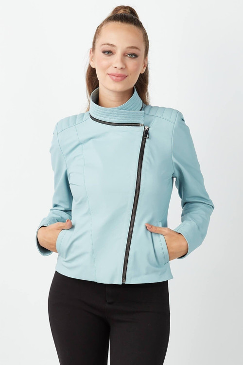Portatif Yaka Hakiki Deri Kadın Mont Mavi