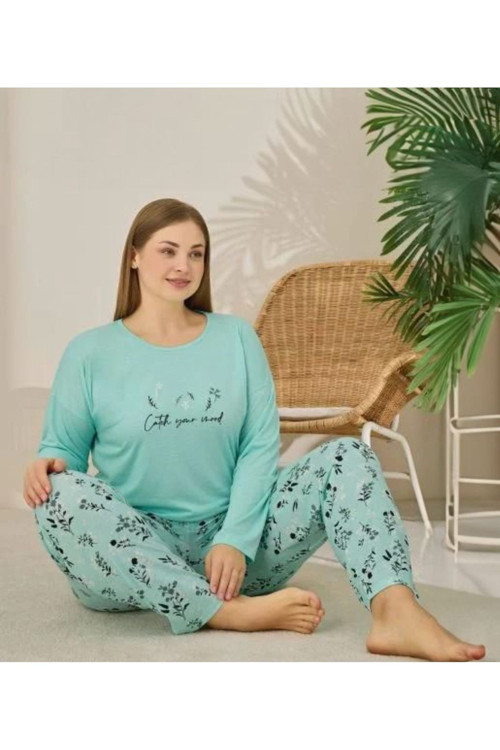 Turkuaz %100 Viscon Dokuma Pijama Takımı