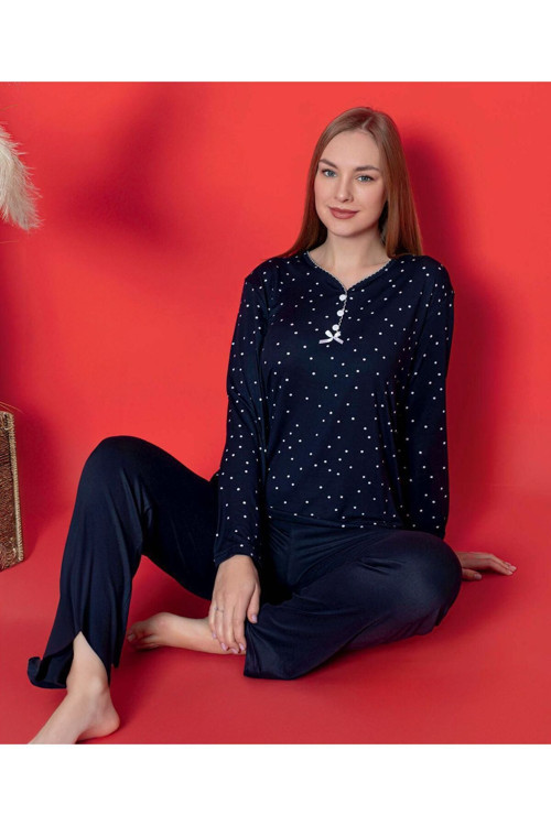 Lacivert %100 Pamuk Dokuma Puantiyeli Pijama Takımı