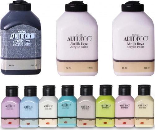 Akrilik Boya 8x75ml Pastel Smoky + SİYAH 500ml + BEYAZ 500ml(2 Adet) - Set-