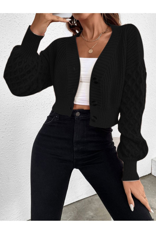V Yaka Örgü Desenli Triko Crop Siyah Hırka