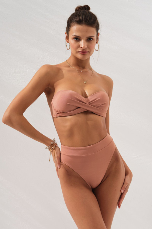 Bonie Dolgulu Straplez Yüksek Bel Bikini Takım Bronz 231225