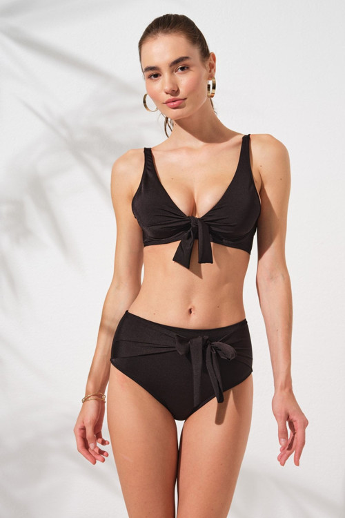 Lolita Bağlamalı Balenli Yüksek Bel Bikini Takım