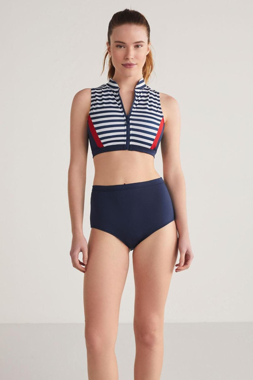 Surfe Çizgili Fermuarlı Yüksek Bel Bikini Takımı