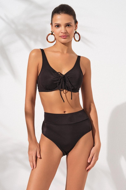 Siyah Melt Toparlayıcı Sürgülü Bağcık Detaylı Yüksek Bel Bikini Takımı Tüllü Korse Balenli