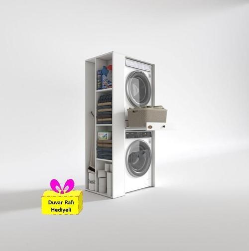 çamaşır-kurutma makinesi dolabı bacce sol byz 187*090*60 çekmeceli + tekli duvar rafı hediye