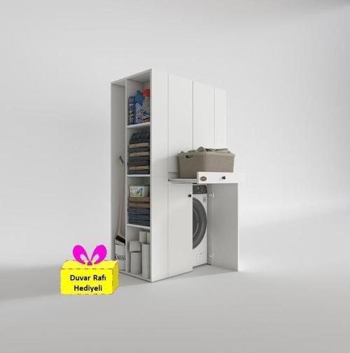 çamaşır-kurutma makinesi dolabı biruni byz 187*110*60 çekmeceli raflı + tekli duvar rafı hediye