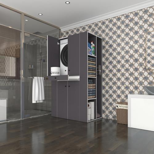 çamaşır-kurutma makinesi dolabı biruni gri 187*110*60 çekmeceli raflı banyo