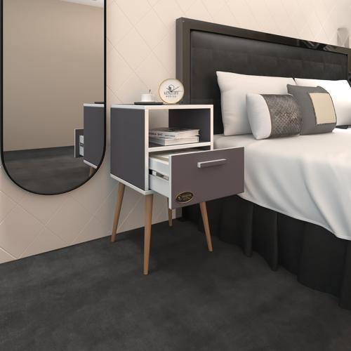 komodin budurgan gri 74*39*39 ahşap ayaklı raflı çekmeceli komidin kitaplık
