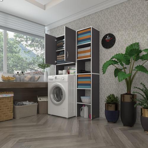 çamaşır makinesi dolabı sinemmaks gri 180*096*30 banyo kapaklı arkalıklı raflı