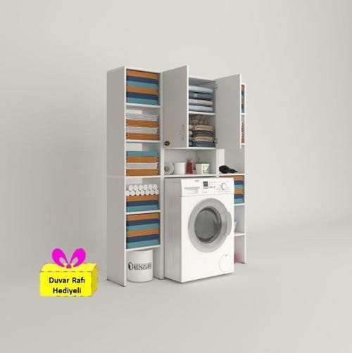 çamaşır makinesi dolabı sinemmaksduble byz 180*126*30 banyo arkalıklı + tekli duvar rafı hediyeli