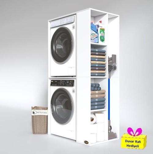 çamaşır-kurutma makinesi dolabı demyan byz 180*090*60 banyo arkalıksız + tekli duvar rafı hediyeli