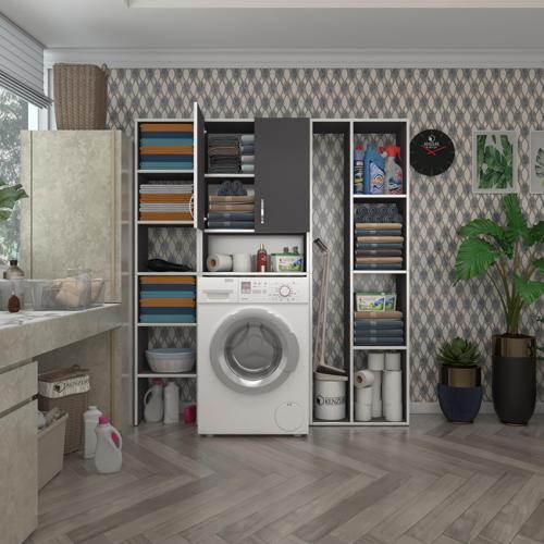çamaşır makinesi dolabı sinemmega gri 180*156*30 banyo kapaklı arkalıklı raflı