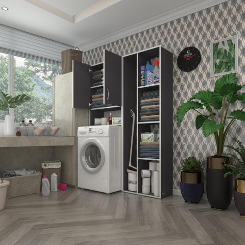 çamaşır makinesi dolabı sinemsüpürge gri 180*126*30 banyo kapaklı arkalıklı raflı