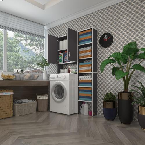 çamaşır makinesi dolabı veronikamaks gri 180*096*20 banyo kapaklı arkalıksız raflı