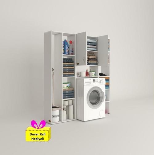 çamaşır makinesi dolabı veronikamega byz 180*156*20 banyo arkalıksız raflı + tekli duvar rafı hediyeli