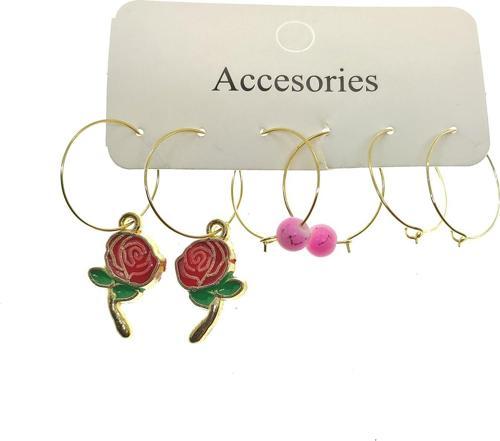 Altın Renk Kırmızı Mineli Gül Figurlu Kombin Küpe - 2262