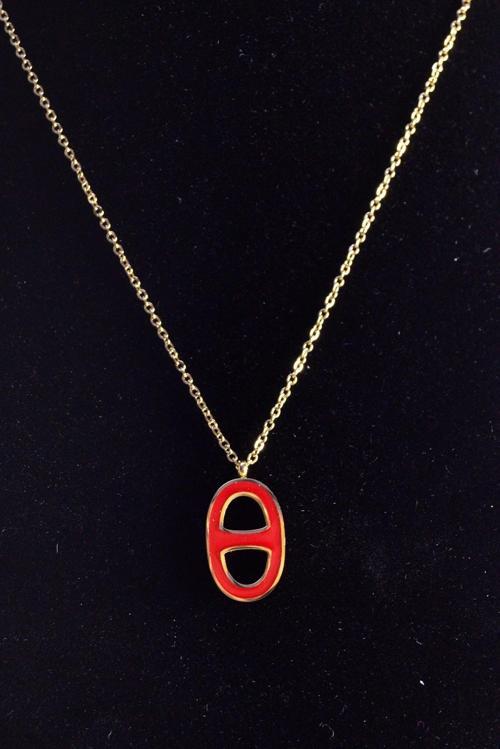 Altın Renk Kırmızı Oval Çelik Kolye - 2464
