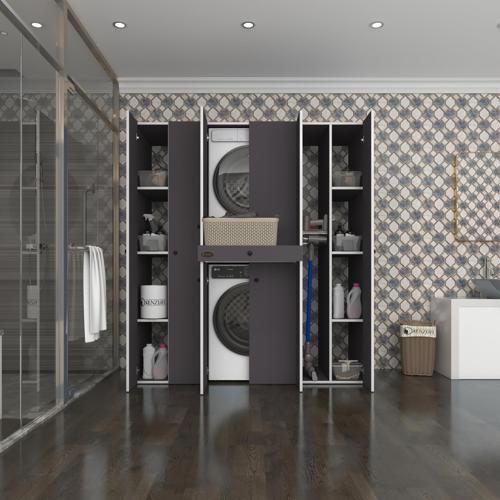 çamaşır-kurutma makinesi dolabı nazzam gri 187*170*60 çekmeceli raflı banyo