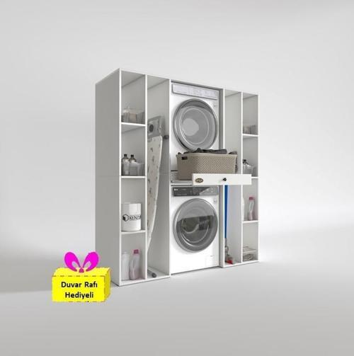 çamaşır-kurutma makinesi dolabı sadra byz 187*170*60 çekmeceli raflı + tekli duvar rafı hediye