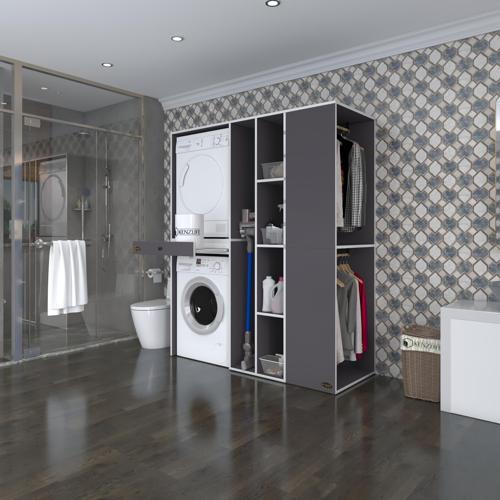 çamaşır-kurutma makinesi dolabı ve giysi dolabı çekmeceli attar sağ gri 187*160*60  banyo