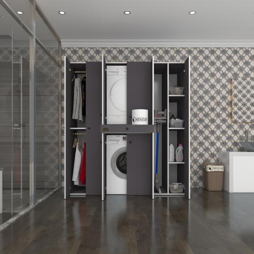 çamaşır-kurutma makinesi dolabı ve giysi dolabı çekmeceli ebuzer sağ raf gri 187*160*60  banyo