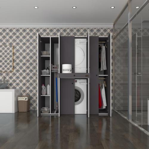 çamaşır-kurutma makinesi dolabı ve giysi dolabı çekmeceli ebuzer sol raf gri 187*160*60  banyo