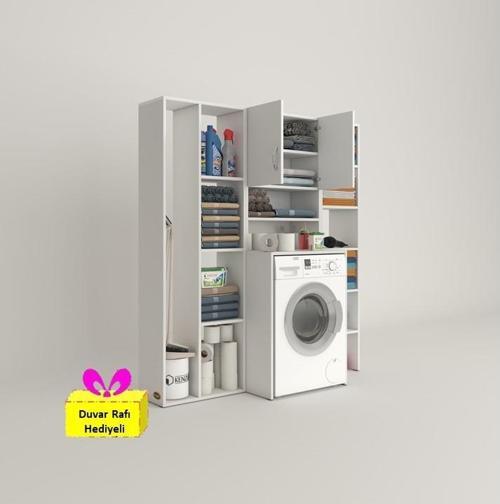 çamaşır makinesi dolabı hayzummega byz 180*156*55 banyo kiler çift kapaklı arkalıklı + tekli duvar rafı hediyel