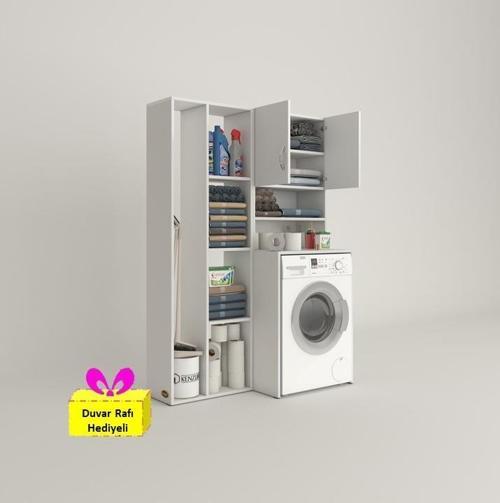 çamaşır makinesi dolabı hayzumsüpürge byz 180*126*55 banyo kiler çift kapaklı arkalıklı + tekli duvar rafı hedi
