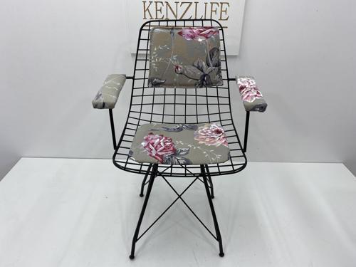 Knsz kafes tel sandalyesi 1 li mazlum syhyaprak gri kumaş kolçaklı sırt minderli ofis cafe bahçe mutfak